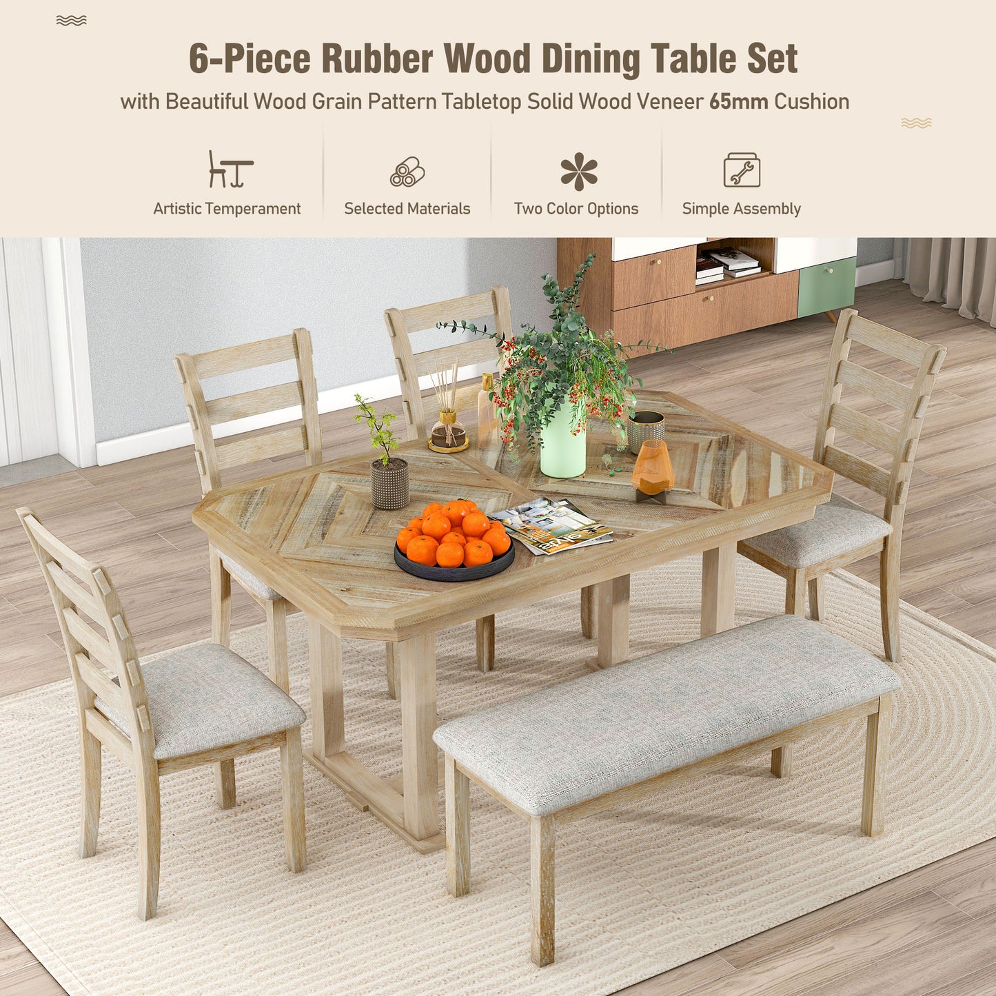 Juego de mesa de comedor de madera Chevron de 6 piezas con banco