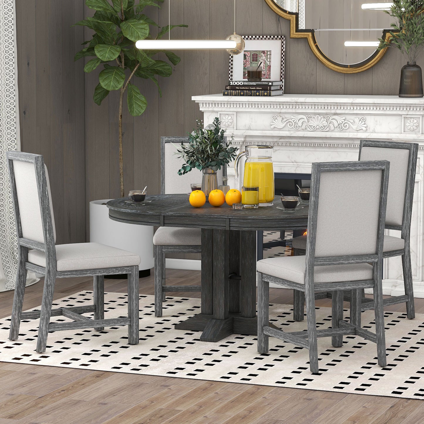 5-teiliges Esszimmer-Set, ausziehbarer runder Tisch und 4 gepolsterte Stühle, Bauernhaus (Schwarz)