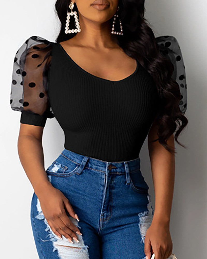 Women's Polka Dot Mesh Puff Sleeve V-Neck Shirt