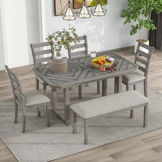 6-Piece Chevron Wood Grain Dining Table Set Upholstered Chairs and Bench (Gray)