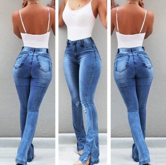 Stretch Rip Flare Ankle Slit Jeans