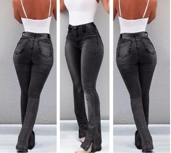 Stretch Rip Flare Ankle Slit Jeans
