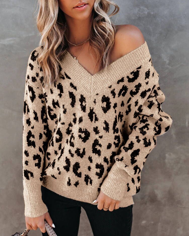 Women's V-neck Leopard Print Sweater