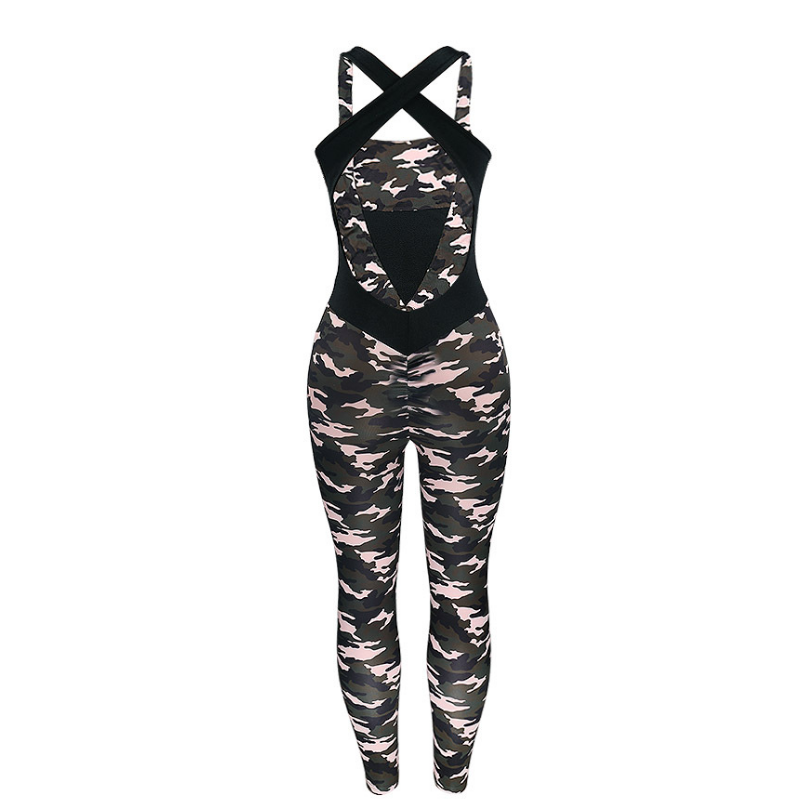 Camouflage Cutout Back Active Wear Jumpsuit