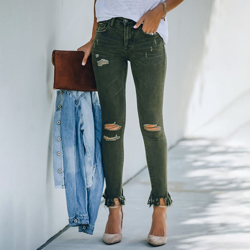 Vaqueros rasgados con diseño crudo verde oscuro para mujer