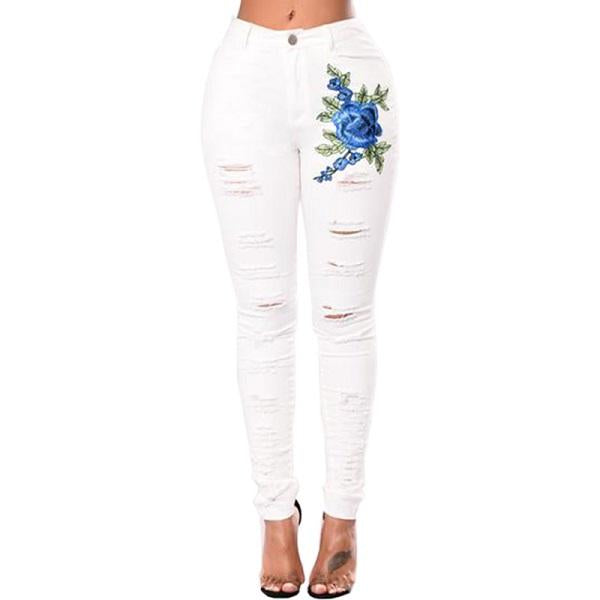 Jeans De Mezclilla Con Flores Azules Bordadas