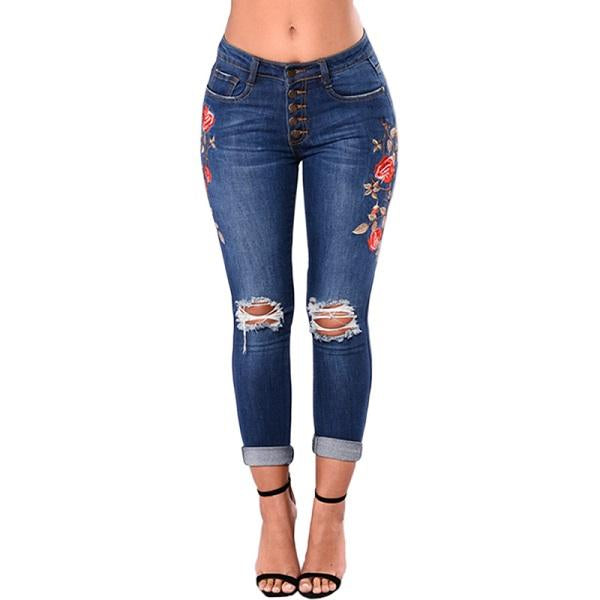 Jeans De Mezclilla Con Flores Azules Bordadas