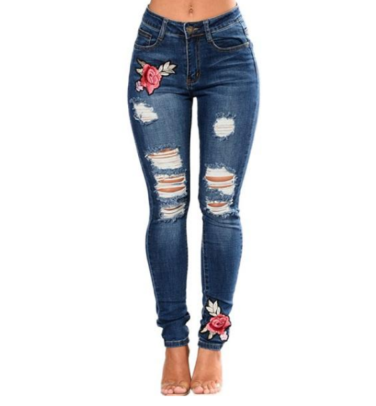 Jeans De Mezclilla Con Flores Azules Bordadas