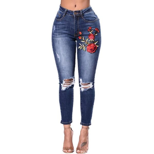 Jeans De Mezclilla Con Flores Azules Bordadas