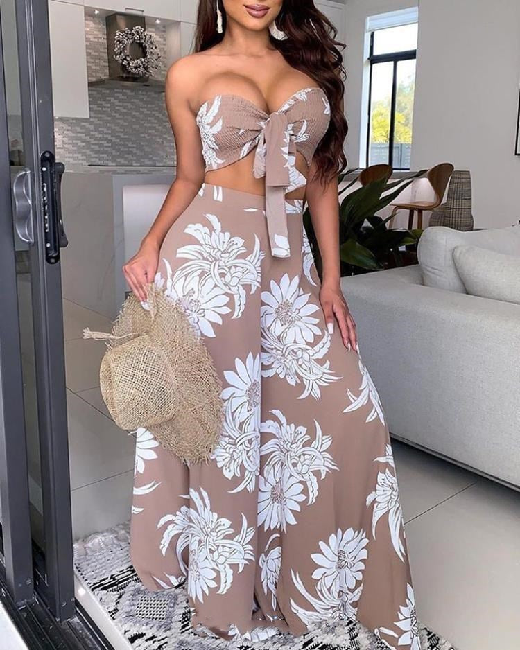 Conjunto de pantalones de playa florales sin tirantes de 2 piezas
