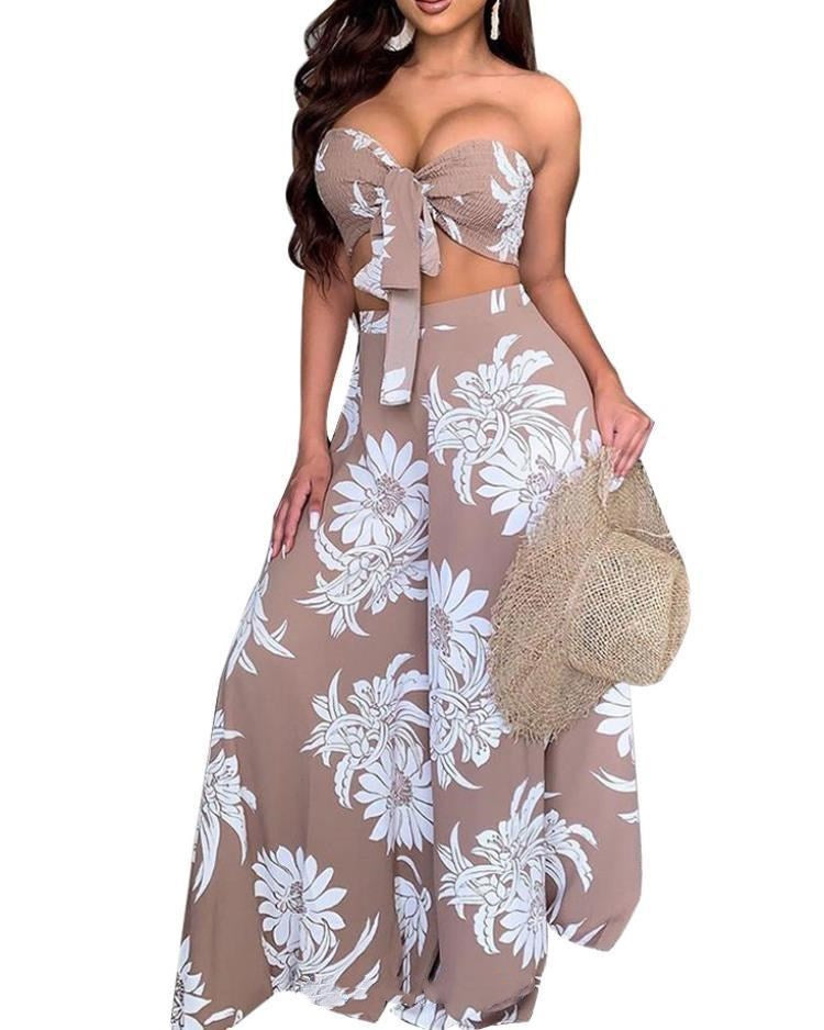 Conjunto de pantalones de playa florales sin tirantes de 2 piezas
