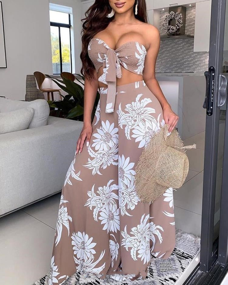 Conjunto de pantalones de playa florales sin tirantes de 2 piezas