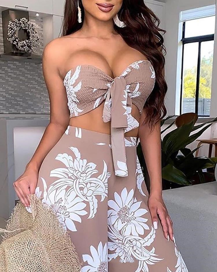 Conjunto de pantalones de playa florales sin tirantes de 2 piezas