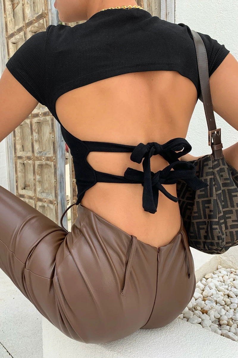 Rib Knit Open Tied Back Detail Shirt