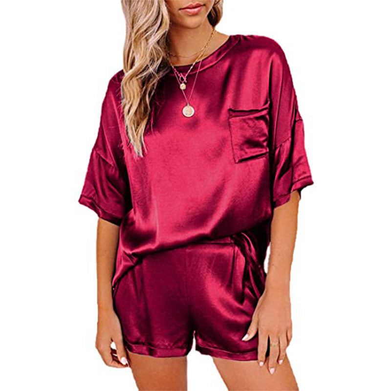 Conjunto de pijama de camisa de manga corta y pantalones cortos de satén sedoso