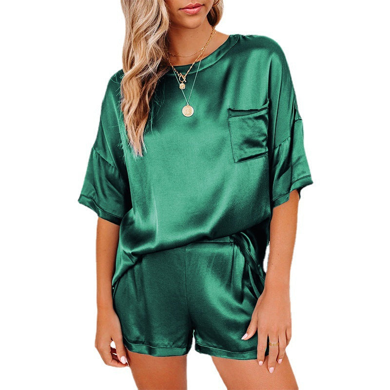 Conjunto de pijama de camisa de manga corta y pantalones cortos de satén sedoso