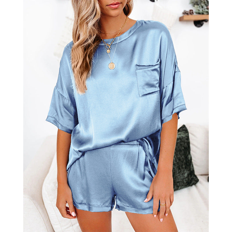 Conjunto de pijama de camisa de manga corta y pantalones cortos de satén sedoso