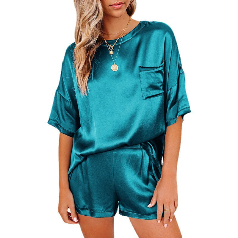 Conjunto de pijama de camisa de manga corta y pantalones cortos de satén sedoso
