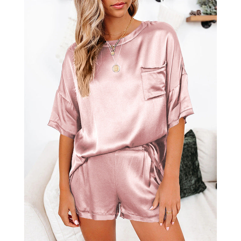 Conjunto de pijama de camisa de manga corta y pantalones cortos de satén sedoso