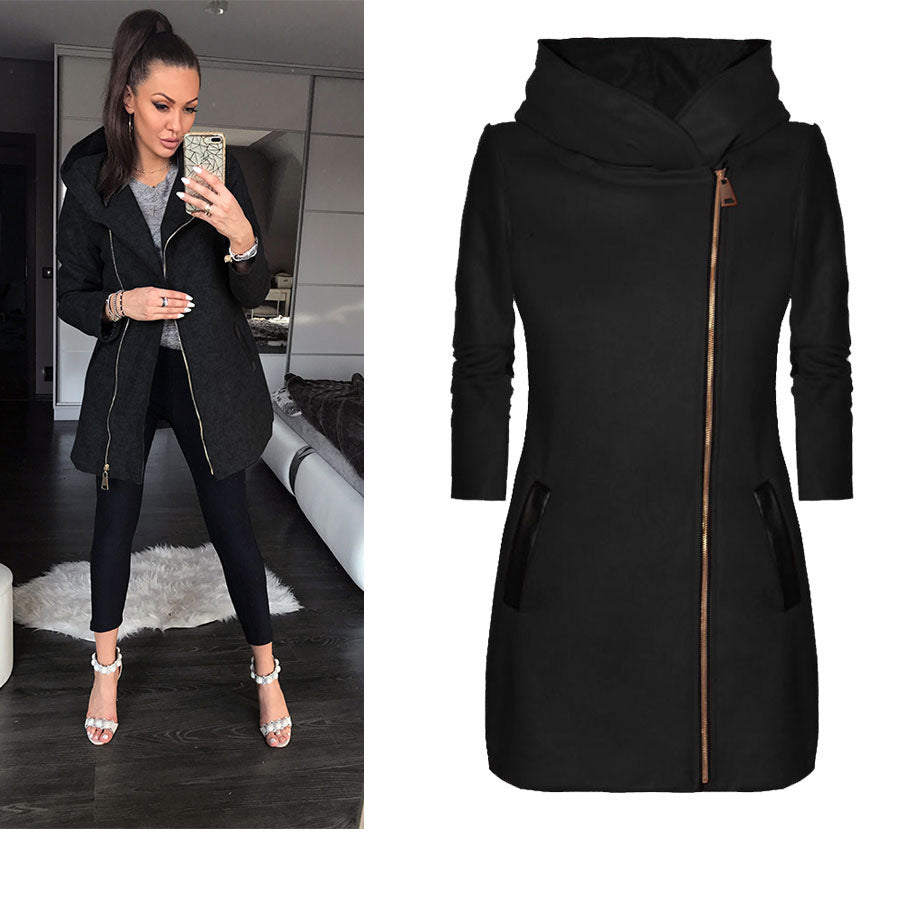 Off-Center Zipper Hooded Fleece Jacket