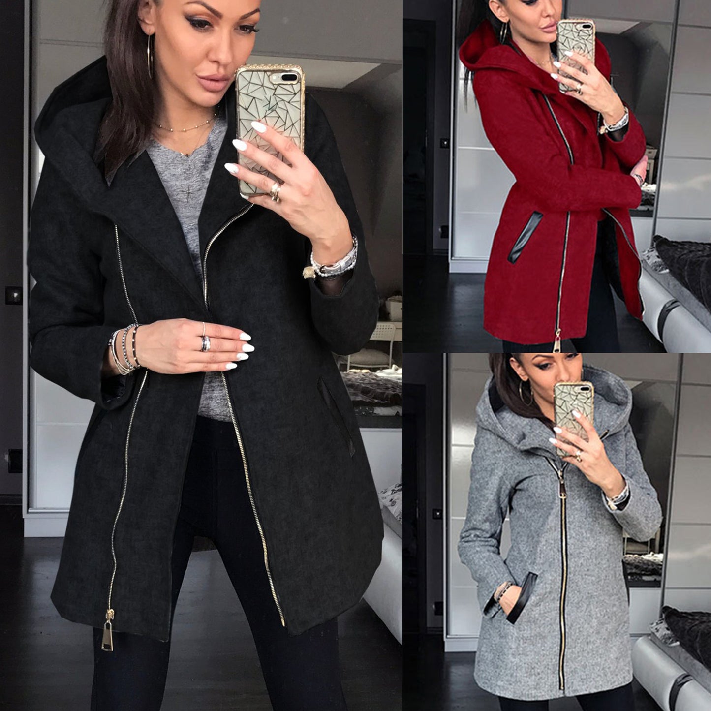 Off-Center Zipper Hooded Fleece Jacket