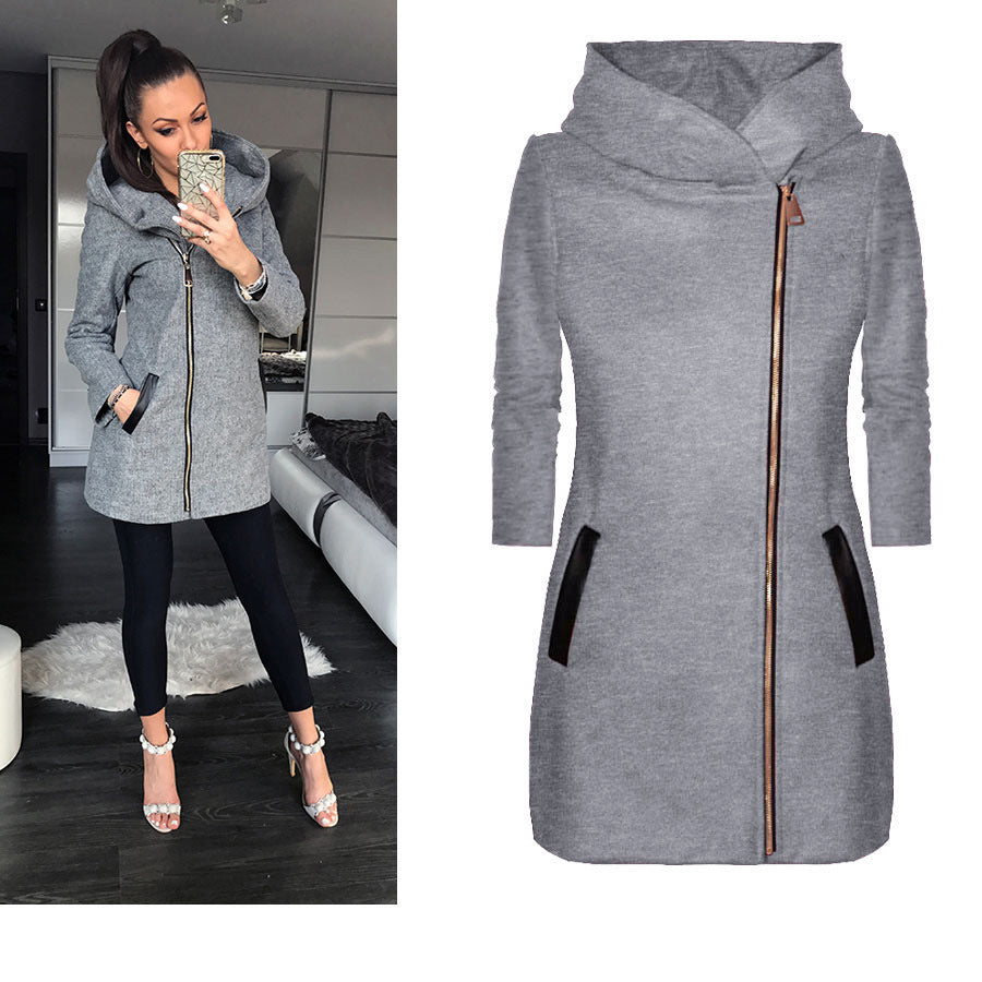 Off-Center Zipper Hooded Fleece Jacket