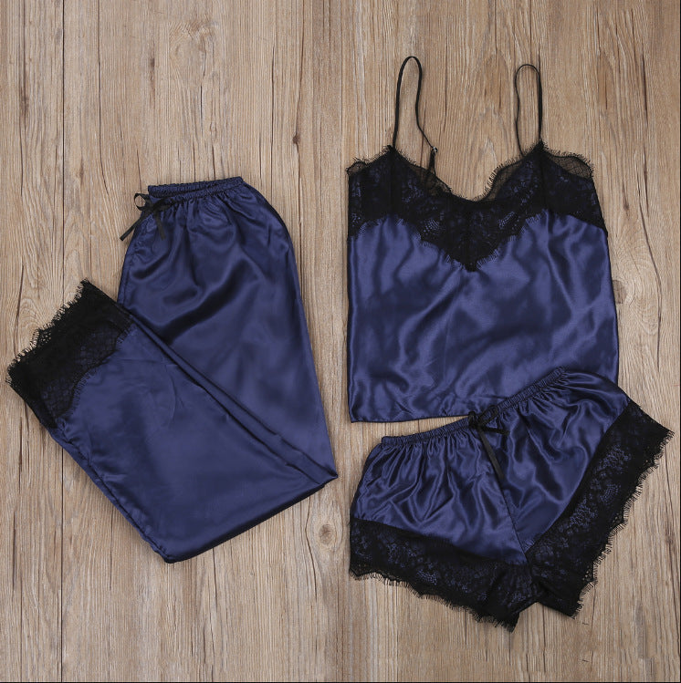 Conjunto de pijama de tres piezas de encaje y satén