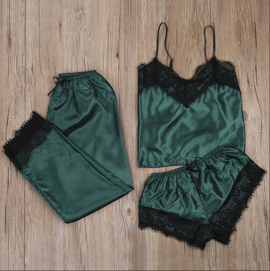 Lace & Satin Pajamas Three-piece Set