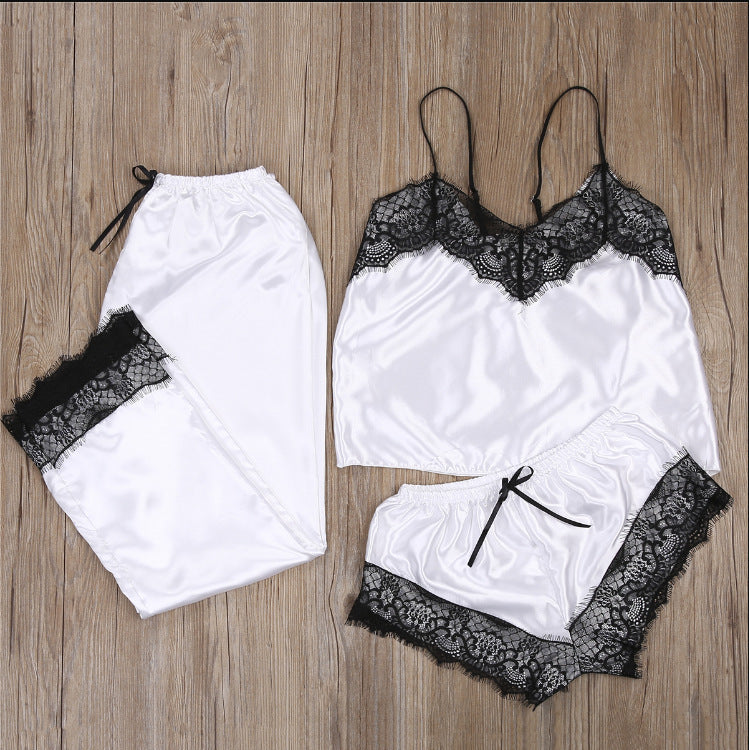 Conjunto de pijama de tres piezas de encaje y satén