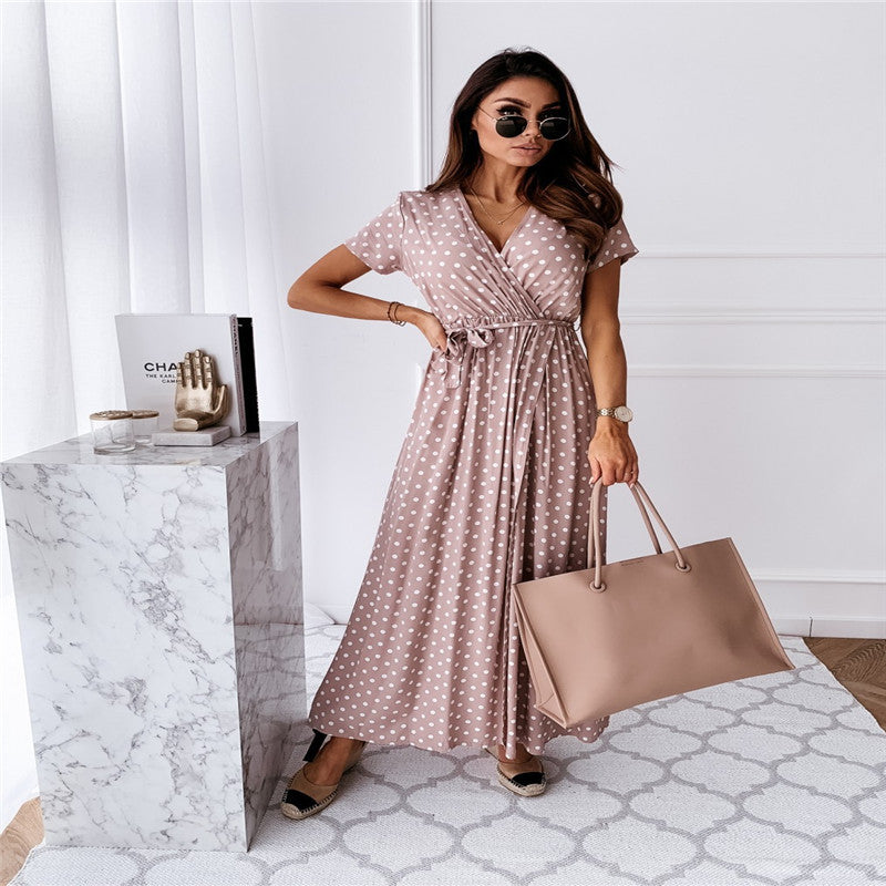 Short Sleeve V-neck Polka Dot Print Long Dress