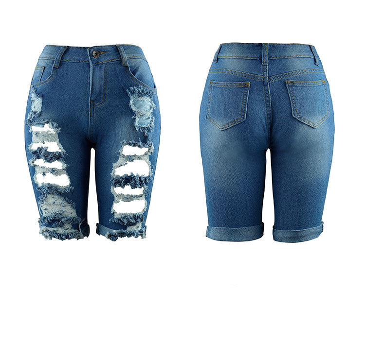 Ripped Knee Length Biker Denim Shorts