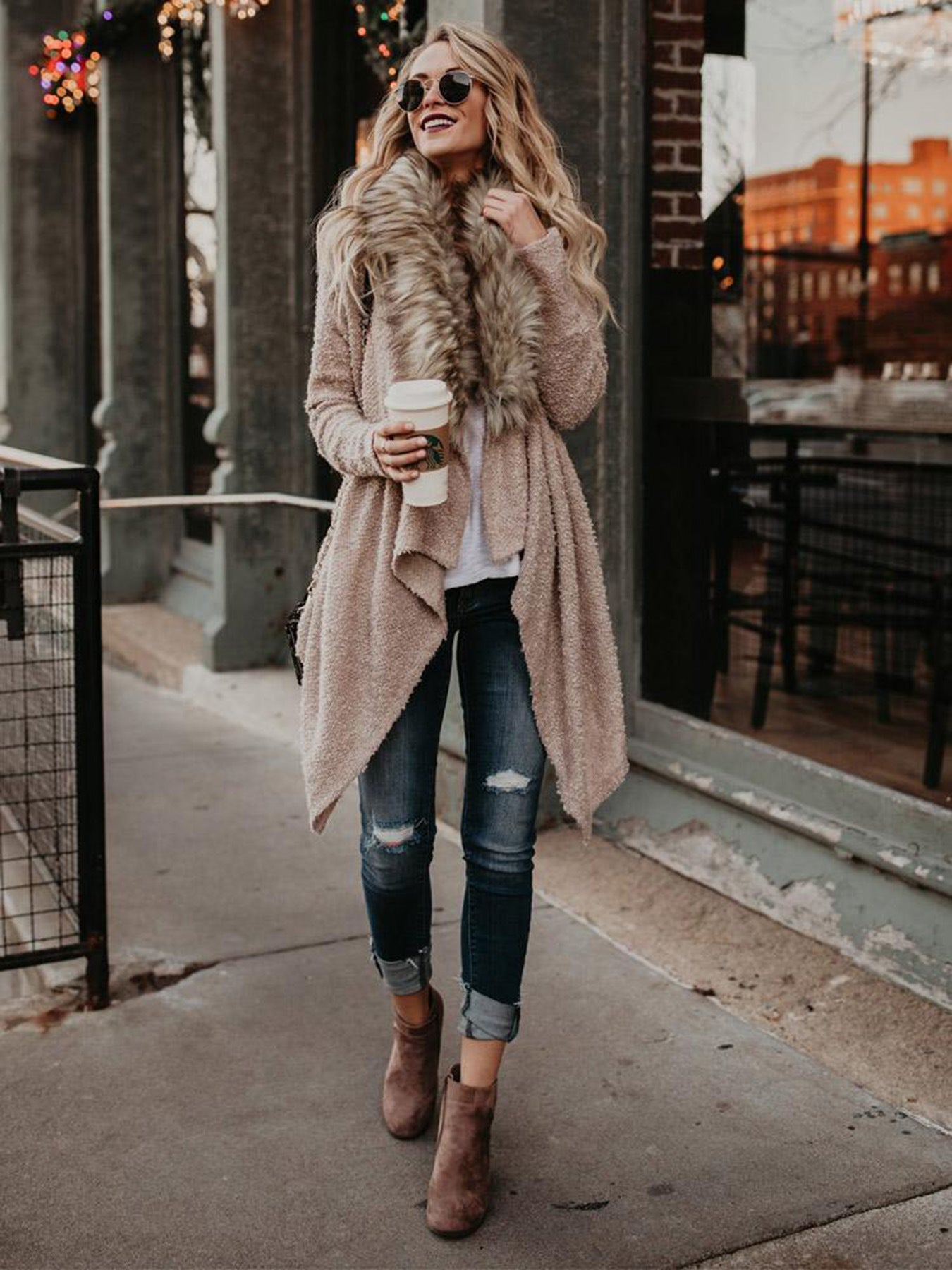 Fur Collar Plush Cardigan Sweater