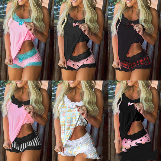 Cute Lace Lined Boyfriend Shorts Pajama Set