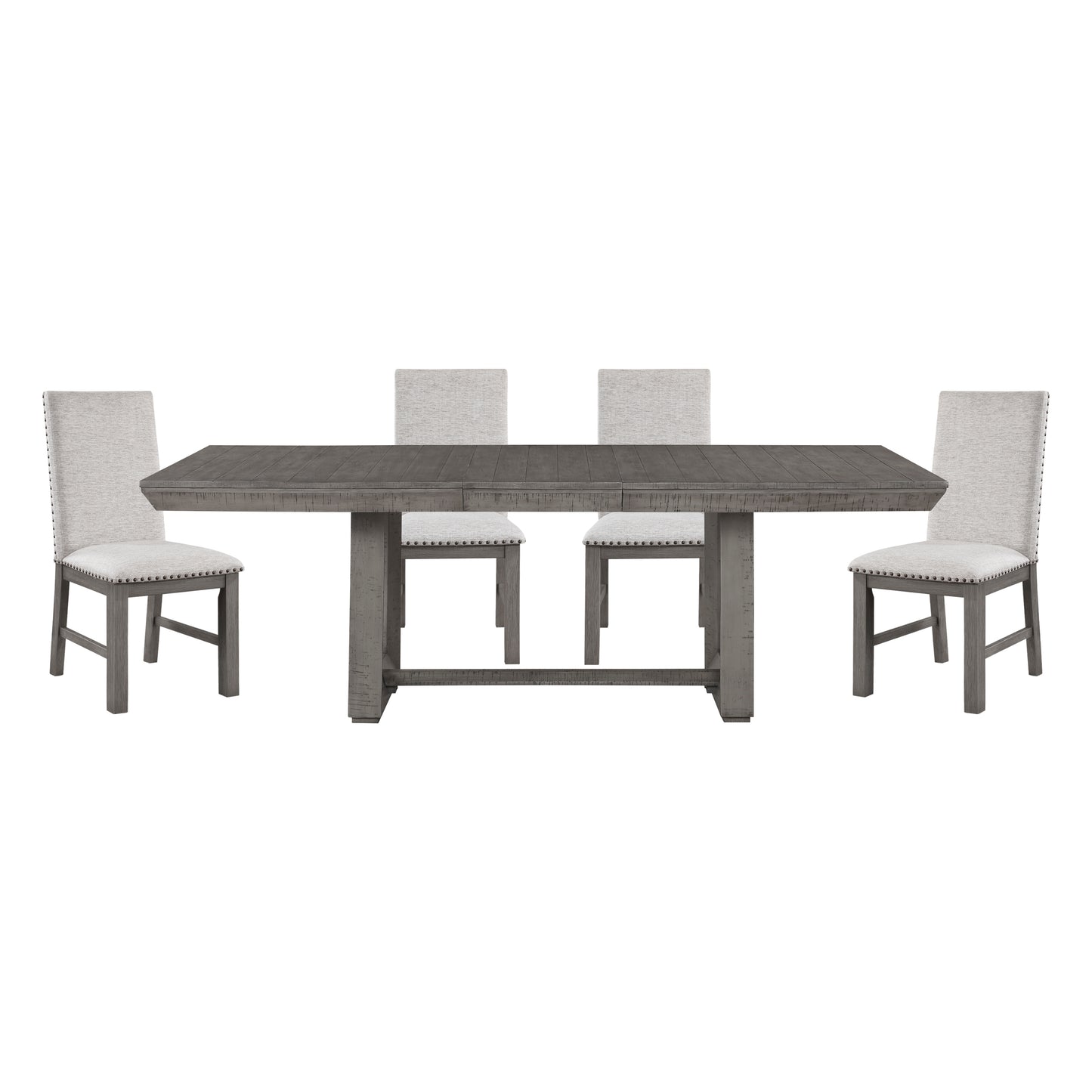 Juego de mesa de comedor gris rústico de 5 piezas con hoja extensible y 4 sillas tapizadas de tela