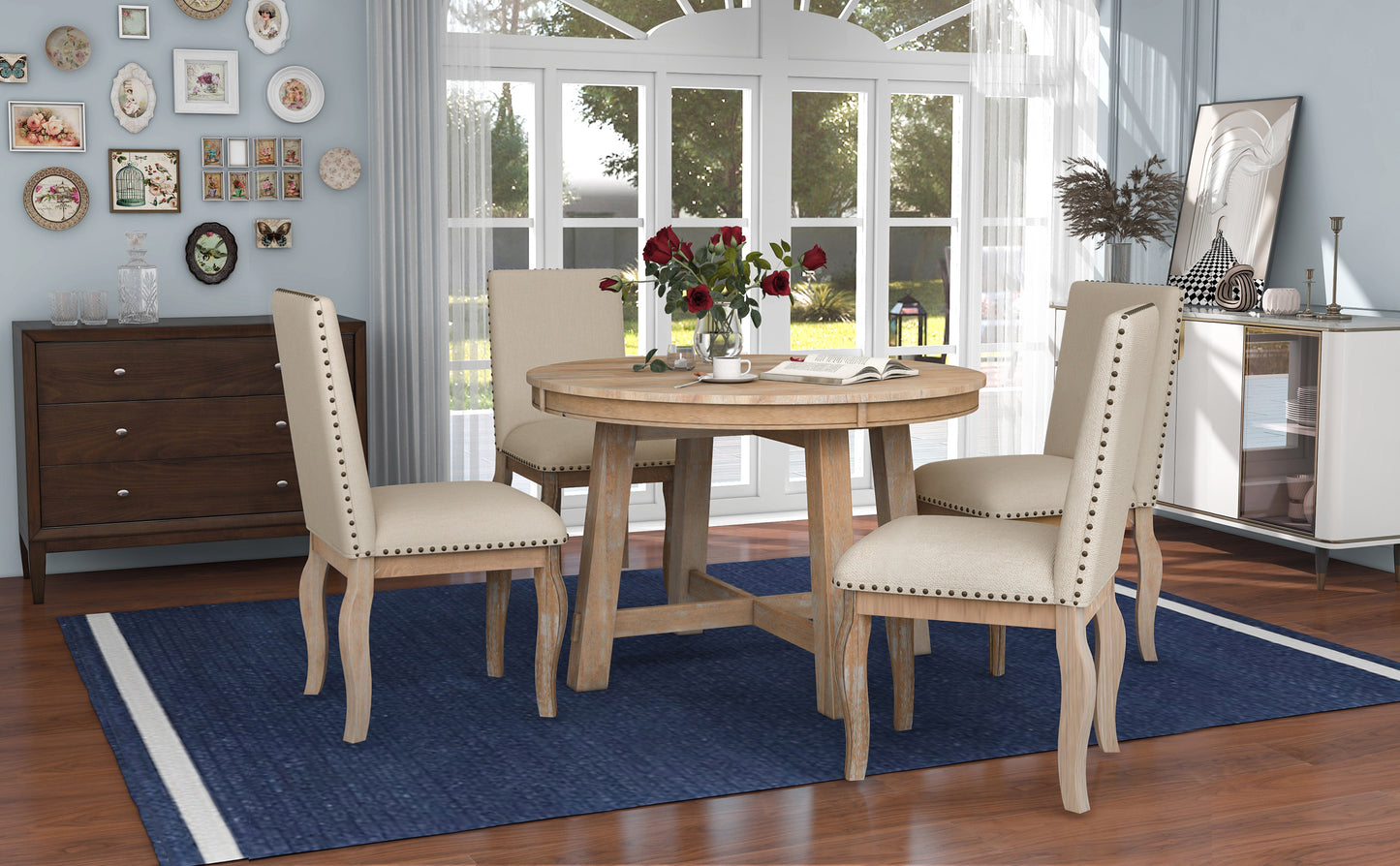 Mesa de comedor extensible redonda de madera de 5 piezas y 4 sillas de comedor tapizadas
