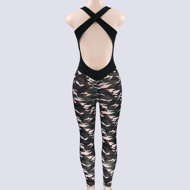 Camouflage Cutout Back Active Wear Jumpsuit