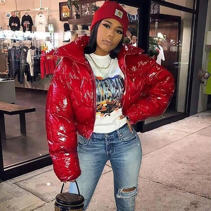 Abrigo de chaqueta de invierno con acolchado de burbujas de cuero PU