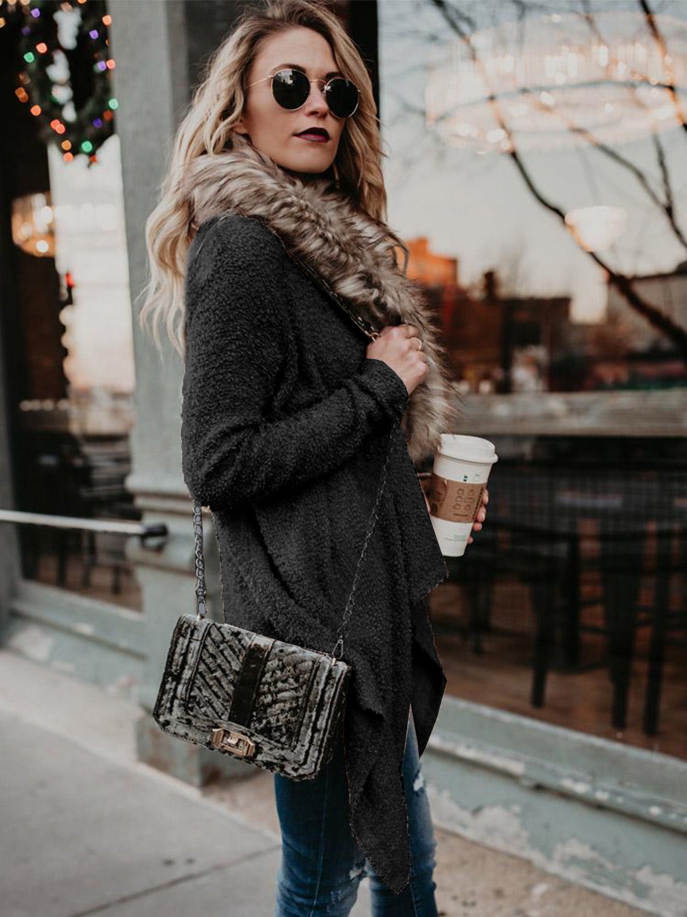 Fur Collar Plush Cardigan Sweater