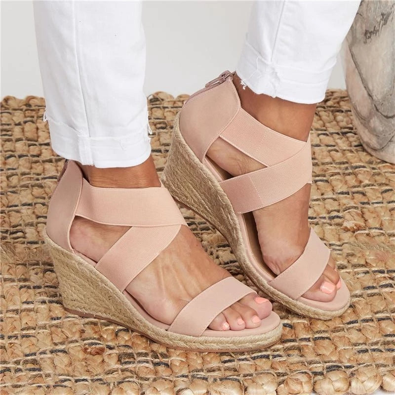 Damen-Sandalen mit kurzem Keilabsatz, Leopardenmuster und einfarbig
