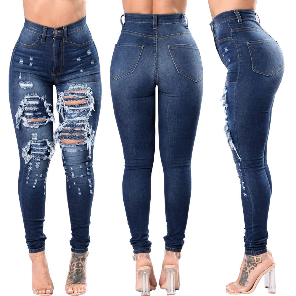 Vaqueros azules rasgados de talle alto para mujer