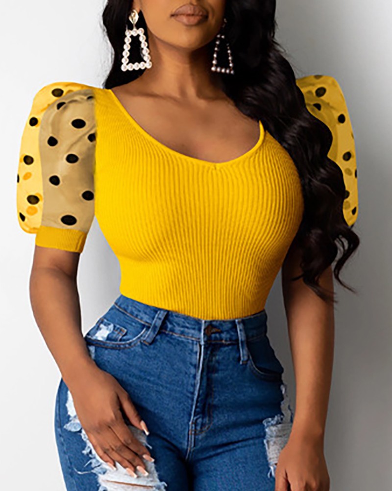 Women's Polka Dot Mesh Puff Sleeve V-Neck Shirt