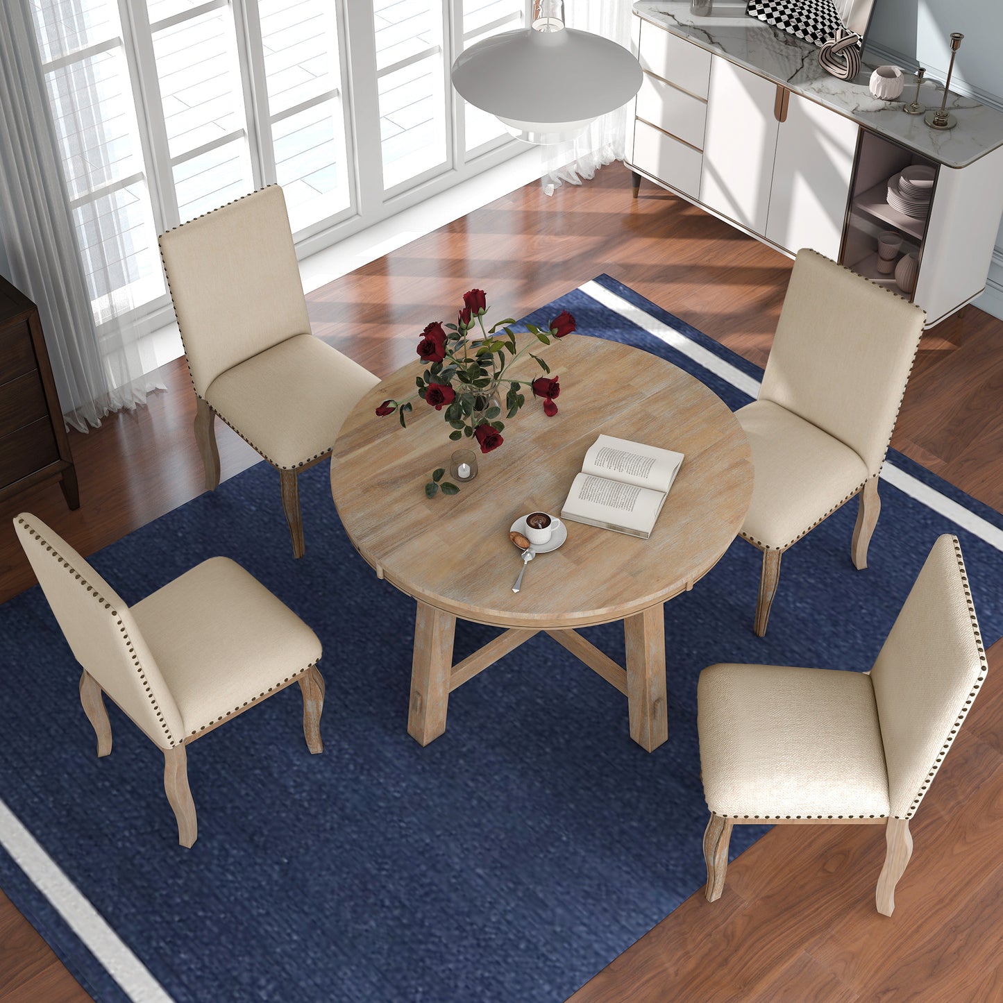 Mesa de comedor extensible redonda de madera de 5 piezas y 4 sillas de comedor tapizadas