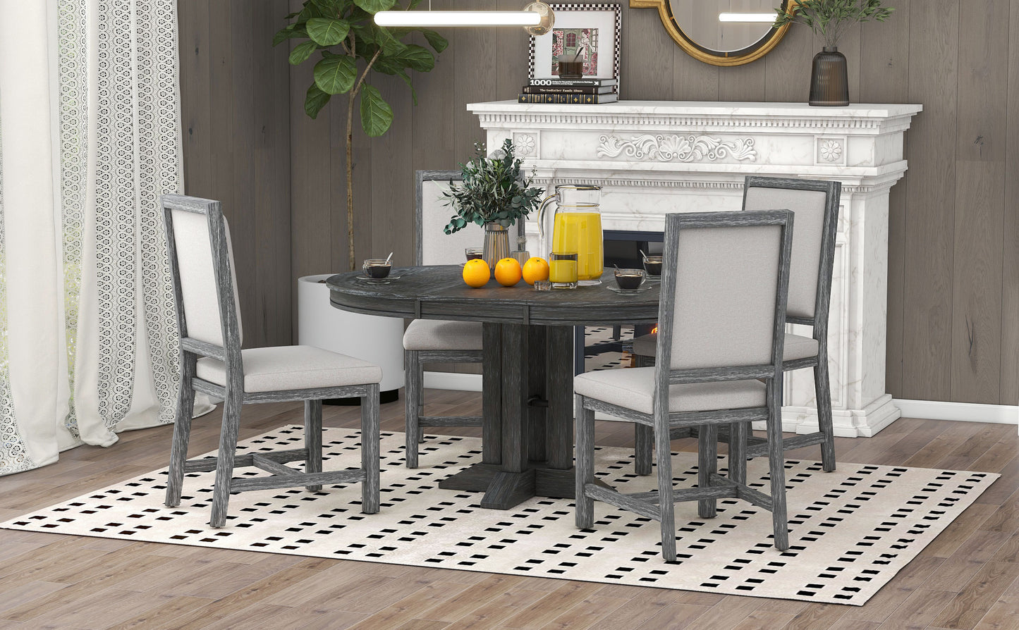 5-teiliges Esszimmer-Set, ausziehbarer runder Tisch und 4 gepolsterte Stühle, Bauernhaus (Schwarz)