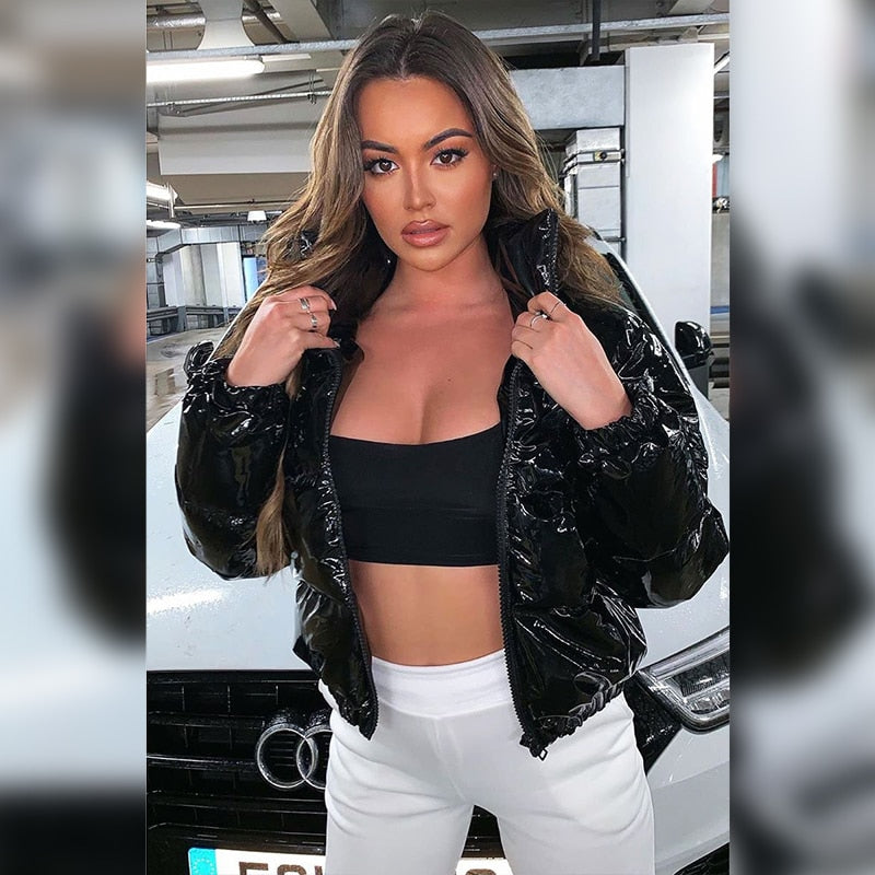 Abrigo de chaqueta de invierno con acolchado de burbujas de cuero PU
