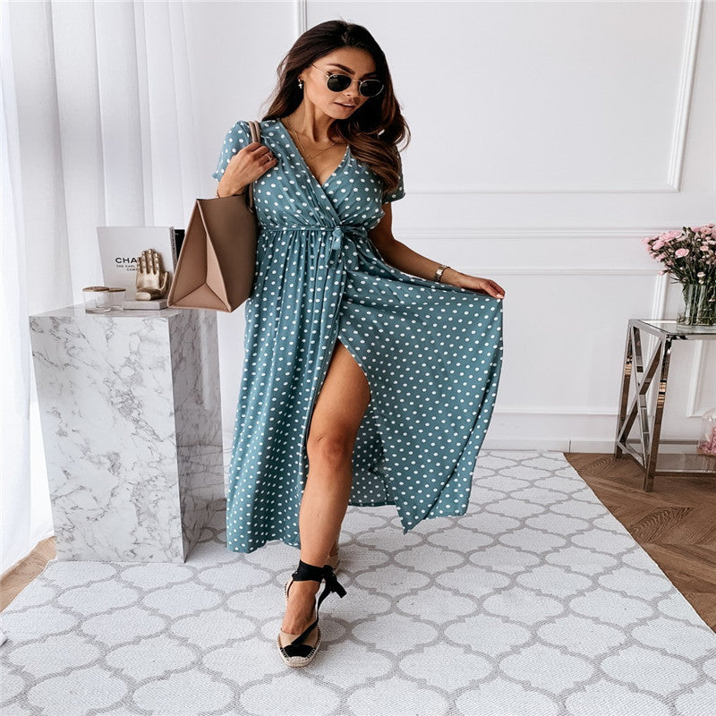 Short Sleeve V-neck Polka Dot Print Long Dress