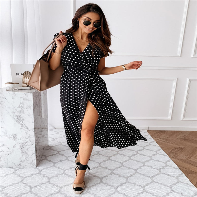 Short Sleeve V-neck Polka Dot Print Long Dress