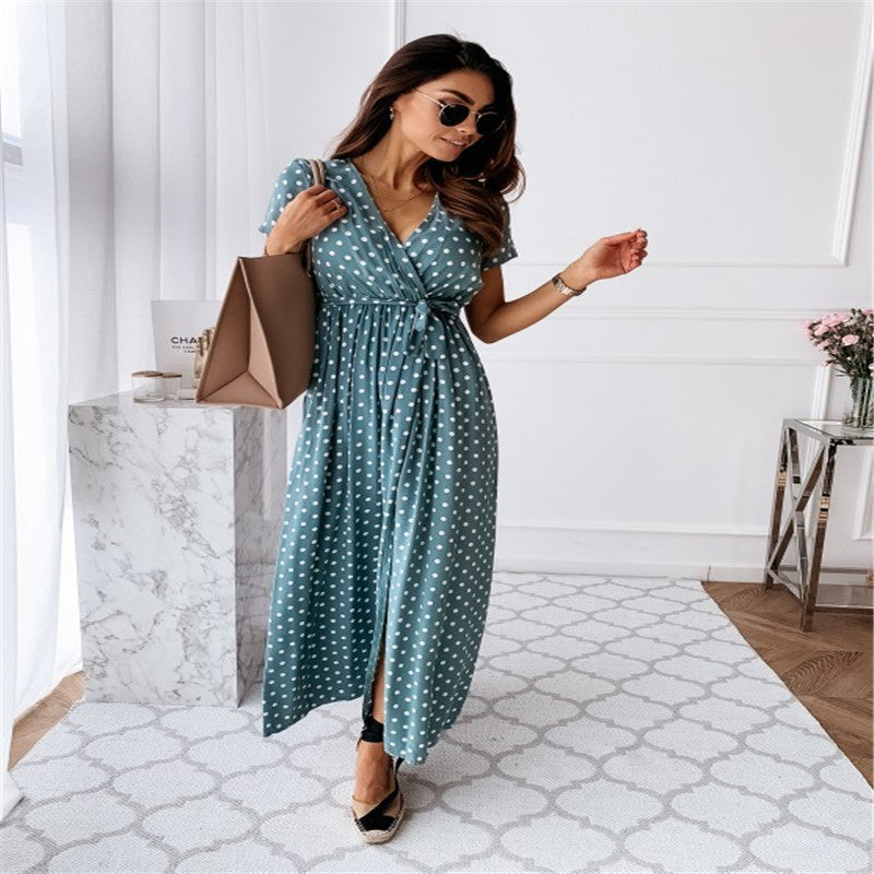 Short Sleeve V-neck Polka Dot Print Long Dress