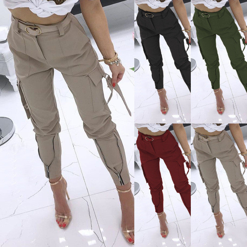 Pantalones con cinturón y bolsillo cargo con cremallera