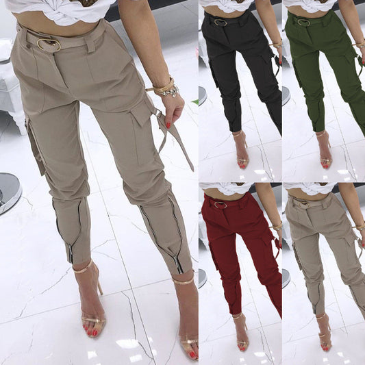 Belted Cargo Pocket Fashion Zipper Pants