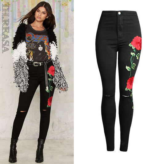Rose Embroidered Skinny Black Jeans